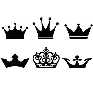 May include: Set of six black crown silhouettes, each with a unique design. The crowns are simple and elegant, perfect for adding a touch of royalty to any project.