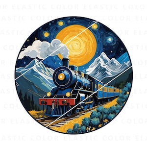 Steam train png, locomotive and mountains at starry night printable digital, sublimation png file