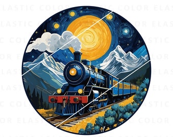 Steam train png, locomotive and mountains at starry night printable digital, sublimation png file