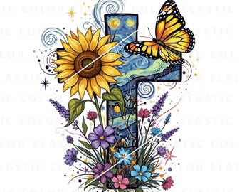 Cross butterfly png, cross with flowers and butterfly sublimation,faith png design