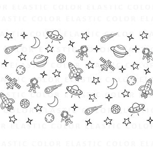 May include: A black and white illustration of a space-themed pattern with stars, planets, rockets, astronauts, and UFOs.