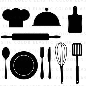 May include: A set of black kitchen tools, including a chef's hat, a cloche, a cutting board, a rolling pin, a whisk, a spatula, a fork, a knife, a spoon, and a plate.
