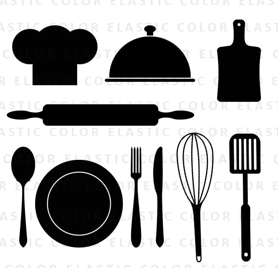 Cosas de cocina juego de utensilios de cocina con sartenes platos taza  tetera tetera báscula de cocina rodillo cuchara tenedor cuchillo tabla de  cortar tazón y vidrio elementos de vector plano para