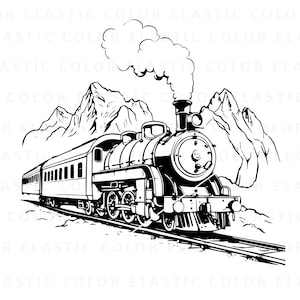 May include: A black and white illustration of a steam train traveling through a mountainous landscape. The train has a large engine with a smokestack and a long line of passenger cars.