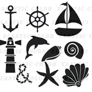 Puede incluir: Un conjunto de imágenes de clipart de temática náutica en blanco y negro. Las imágenes incluyen un ancla, un timón de barco, un velero, un faro, un delfín, una concha, una estrella de mar y una concha de almeja.