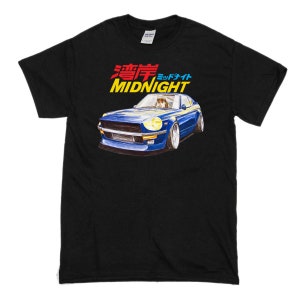 May include: Black t-shirt with a blue and white graphic of a car and the text "Midnight" in Japanese and English.