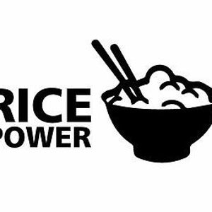 Puede incluir: Ilustración en blanco y negro de un cuenco de arroz con palillos, con el texto "RICE POWER" debajo.