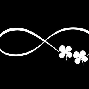 May include: A white infinity symbol with two four-leaf clovers on the right side.