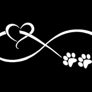 Può includere: Un simbolo di infinito bianco con un cuore in alto e due impronte di zampa in basso.
