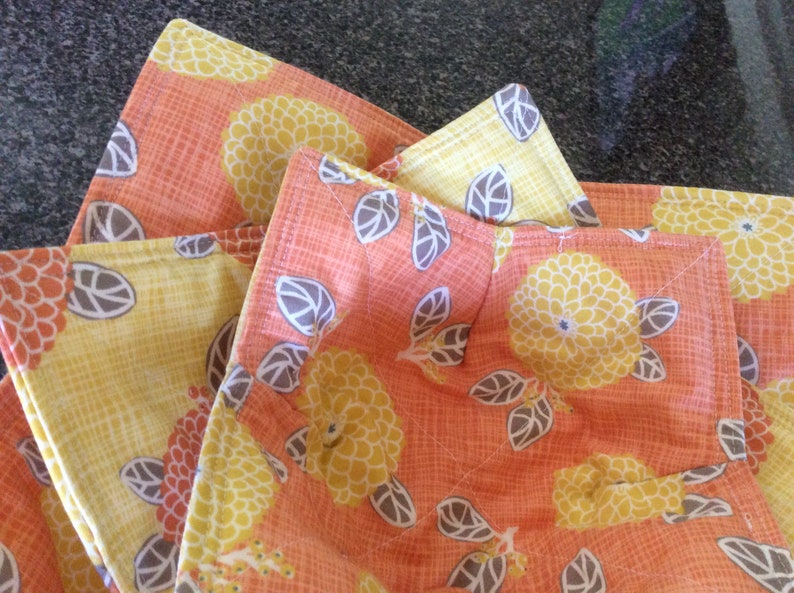 Orange and Yellow Autumn Reversible Premium Cotton Microwave Bowl HoldersCozies No More Burnt or Cold Fingers Protect Non-Stick Pans