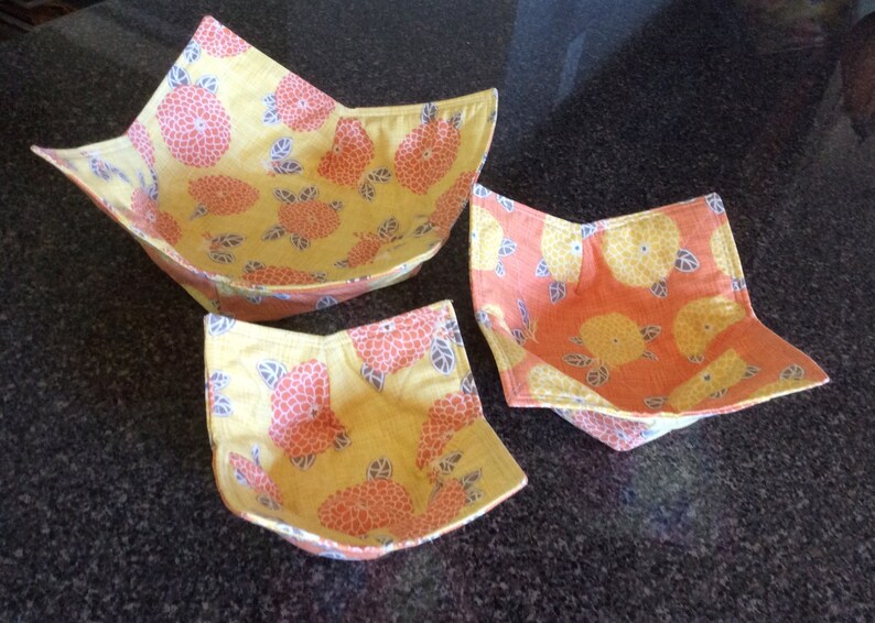 Orange and Yellow Autumn Reversible Premium Cotton Microwave Bowl HoldersCozies No More Burnt or Cold Fingers Protect Non-Stick Pans