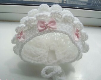 baby girl crochet white bonnet hat ,  3 baby pink satin bows ,  under chin ties , breathable acrylic ,  handmade to order ,  size  newborn ,