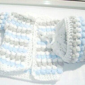 baby boy crochet white blue grey hat & cardigan set handmade to order bring baby home new baby gift baby shower gift christening wedding