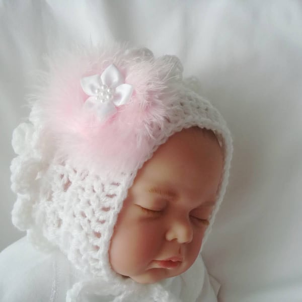 baby girl crochet white bonnet hat ,baby pink swans down swirl 1 white satin flower  handmade sizes from  prem newborn 0-3 months 3-6 months