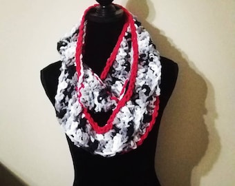 Lightweight Infinity Scarf (Black, white and gray w/ red trim)