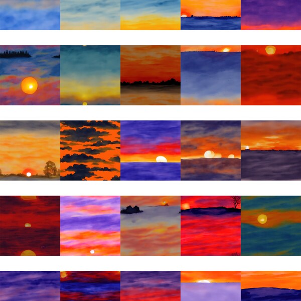 Vibrant Sunset and Landscape Watercolor Seamless Patterns: Set of 25 JPG Images, 2048x2048 @ 300 DPI