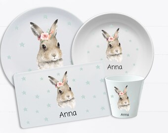 Children's tableware with name, children's plate, personalized, melamine tableware, gift for baptism, rabbit