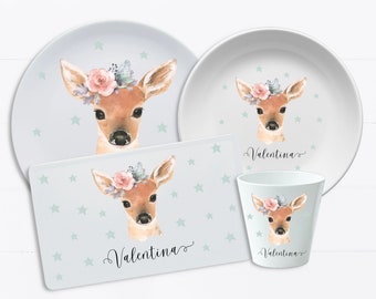 Children's tableware with name, children's plate, melamine, gift for baptism, individual dishes, deer