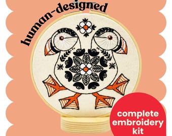 Puffin Embroidery Kit: Scandi Folk Art, Beginner DIY