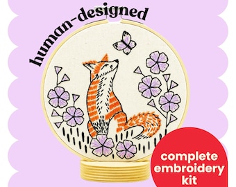 Fox Flowers Complete Embroidery Kit - DIY, beginner friendly, butterfly, phlox, garden, woodland