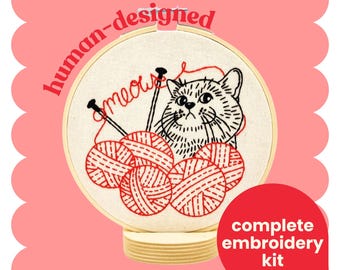Kitten with Knitting Embroidery Kit: Beginner DIY Craft