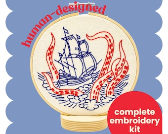 Kraken and Ship Complete Embroidery Kit - DIY, beginner friendly, sea monster, nautical embroidery, tentacles