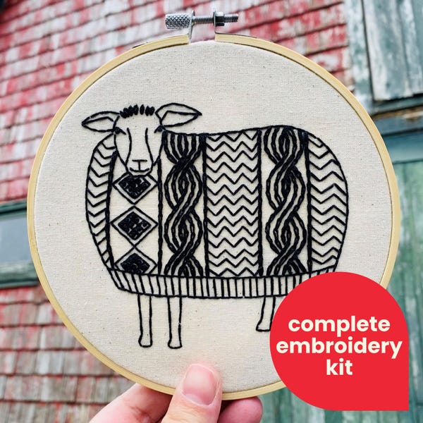 Sheep  Sweater Complete Embroidery Kit - DIY, beginner friendly, gifts for knitters, sweater weather