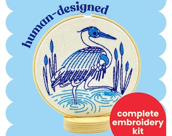 Blue Heron Complete Embroidery Kit - DIY, beginner friendly, gifts for birders