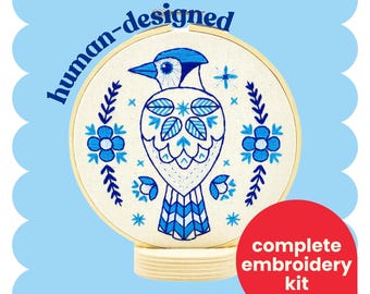 Blue Jay Complete Embroidery Kit - DIY, beginner friendly, gifts for birders
