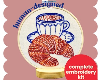 Croissant and Coffee Complete Embroidery Kit - DIY, beginner friendly