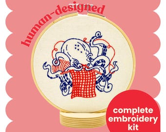 Knitting Octopus Embroidery Kit: Beginner DIY Nautical Craft