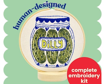 Pickles Complete Embroidery Kit - DIY, beginner friendly, dill pickles, food, kitchen, deli