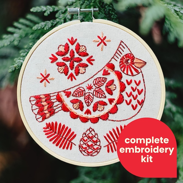Cardinal Complete Embroidery Kit - DIY, beginner friendly, gifts for birders