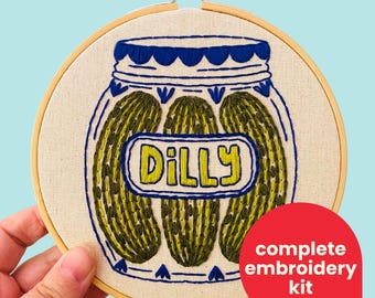 Pickles Complete Embroidery Kit - DIY, beginner friendly, dill pickles, food, kitchen, deli