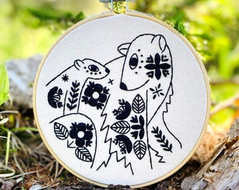 Folk Polar Bears Complete Embroidery Kit BLACK, DIY craft kit, beginner embroidery pattern, polar bears