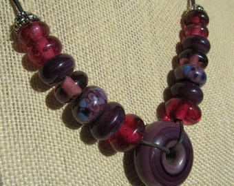 Purple Lampwork Glass Disc Bead Necklace, Purple Glass Bead Necklace, Large Purple Lampwork Glass Bead Necklace, Handmade Lampwork Necklace