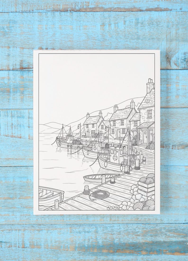 Coastal Harbor Coloring Page | Seaside Village Coloring Sheet | Fishing ...