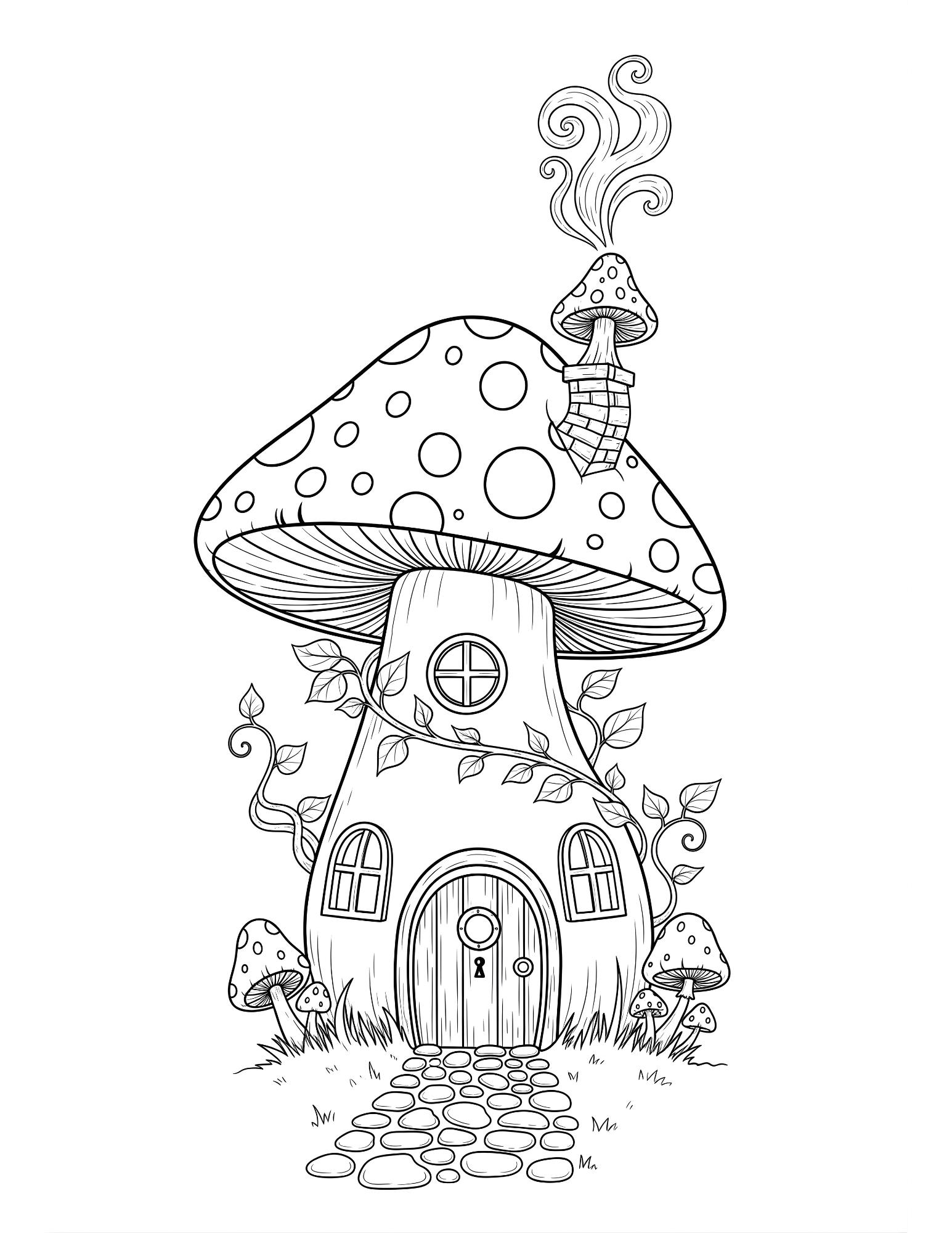 Mushroom House Coloring Page | Whimsical Fairy Cottage Print (instant ...