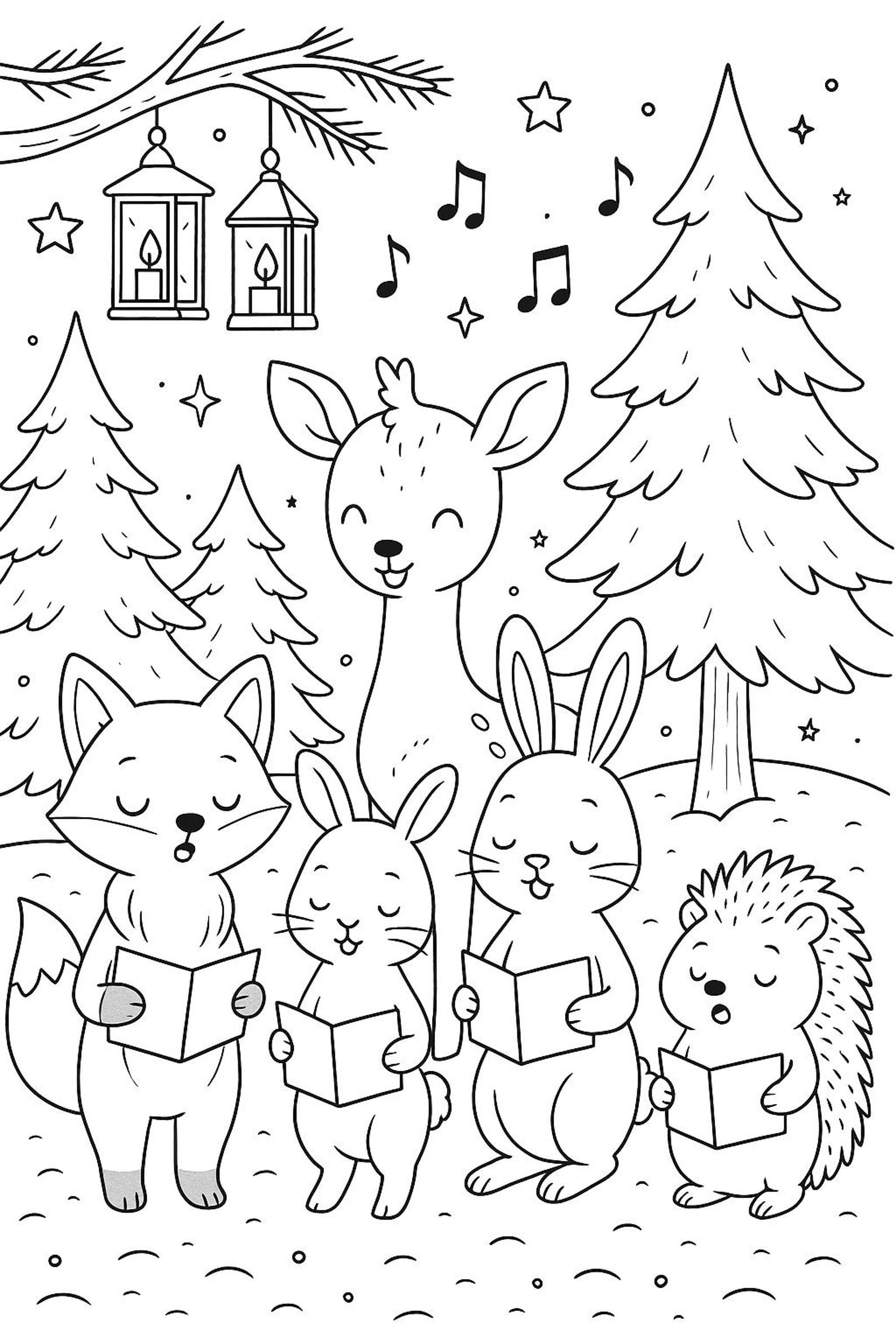 Woodland Animals Caroling Coloring Page • Christmas Winter Activity ...