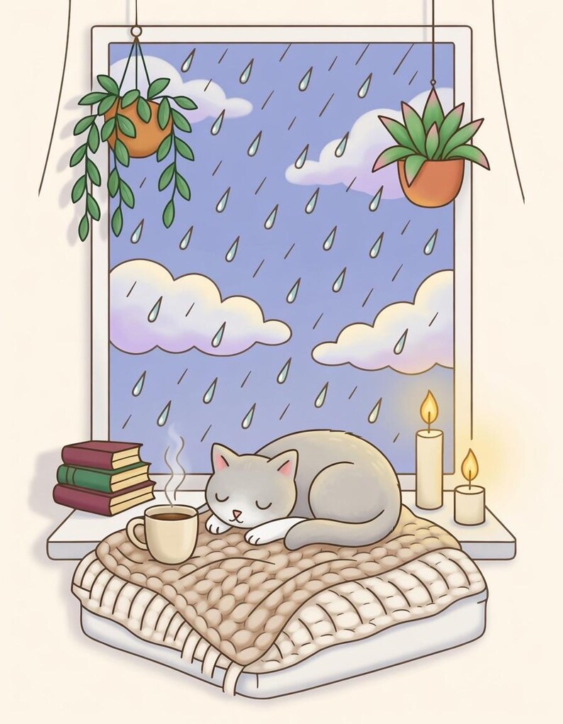 Cozy Cat Coloring Page • Rainy Day Window Scene (PNG Digital Download ...