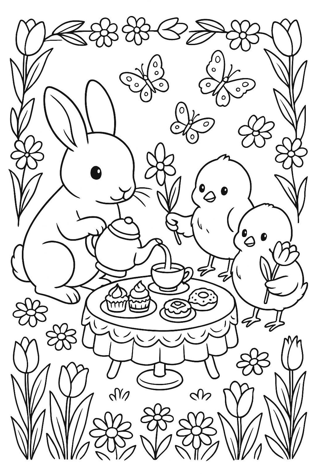 Spring Tea To Color Spring Tea Party Coloring Page • Bunny & Chicks Printable • Cute Easter ...
