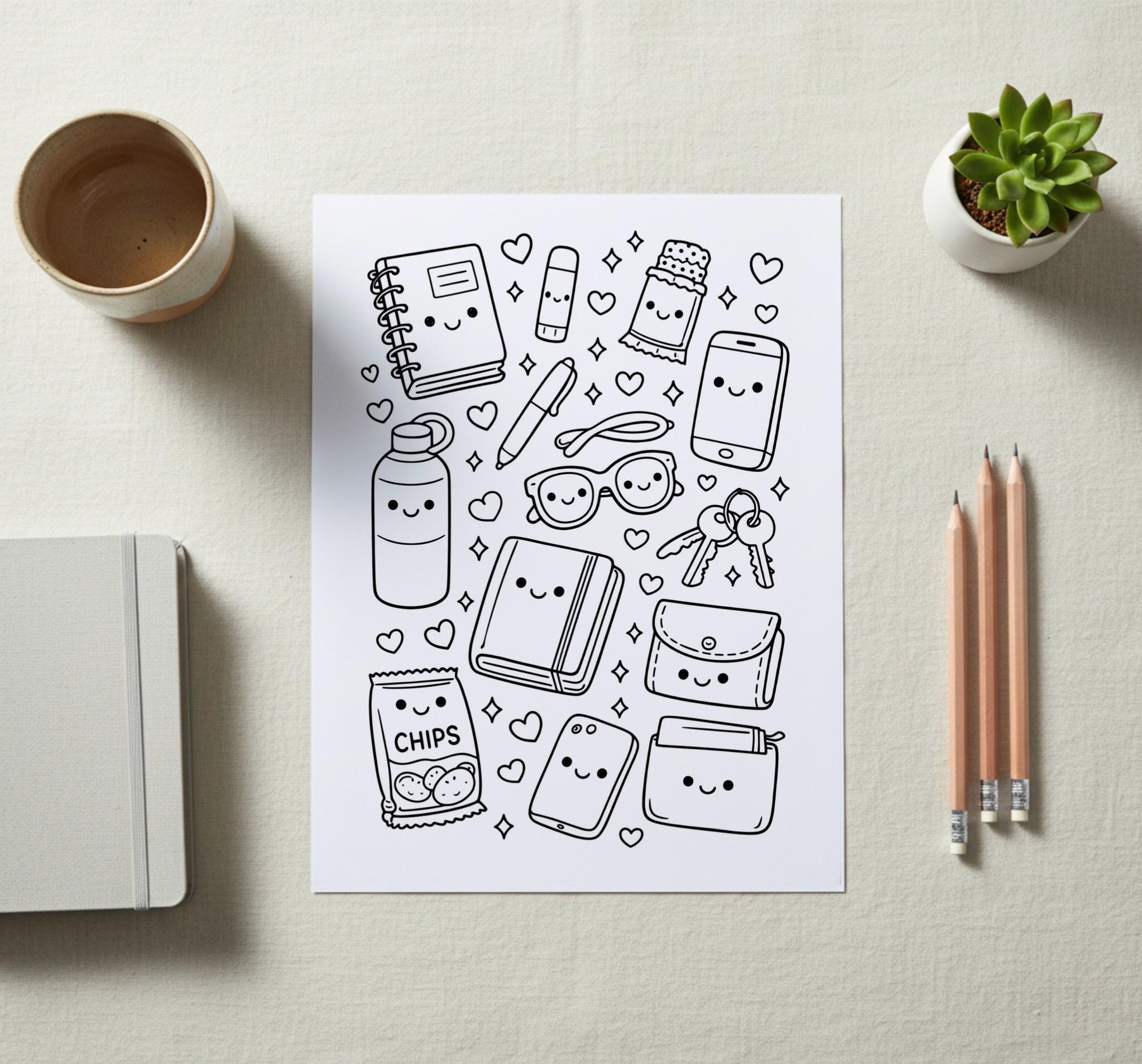 6 Essentials Coloring Kawaii Everyday Essentials Coloring Page | Cute Aesthetic Coloring ...