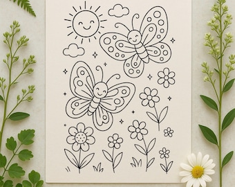 Printable Summer Nature Coloring Sheet | Smiling Butterflies | Instant Download