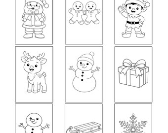 May include: A printable Christmas coloring book for kids with 30 simple holiday coloring pages. The pages feature line drawings of Santa Claus, gingerbread people, an elf, a reindeer, a snowman, a gift, another snowman, a sled, and a snowflake.