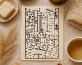 Escena de cafetería con gato durmiendo / Colorear relajante para adultos / Descarga instantánea