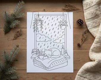 Cozy Cat Coloring Page • Rainy Day Window Scene (PNG Digital Download)