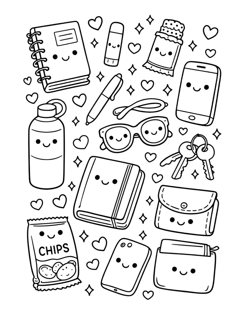 Kawaii Everyday Essentials Coloring Page | Cute Aesthetic Coloring ...