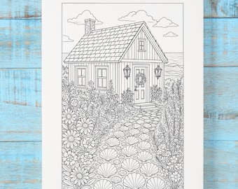 Coastal Cottage Coloring Page, Seaside Home, Shell Path (Digital Download)