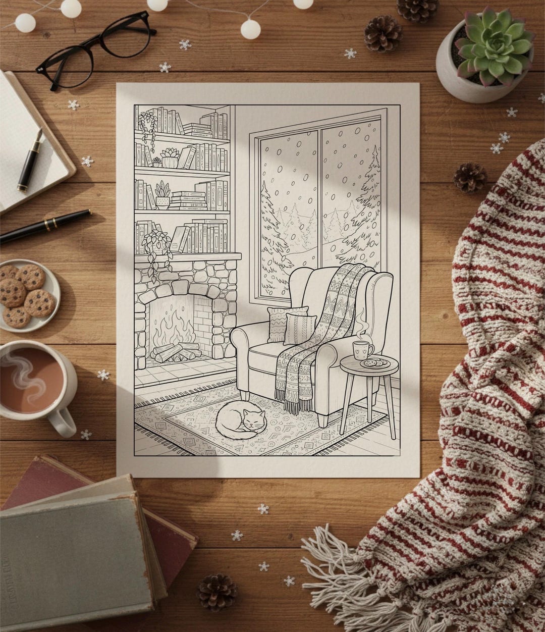 Hygge Winter Coloring Page | Cozy Fireplace, Cat, Bookshelf (PNG File ...
