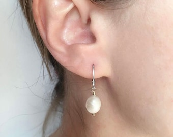 Drop earrings, Pearl gold hoop Earrings, Pearl earrings, Silver hoop earrings, Bridesmaid gift